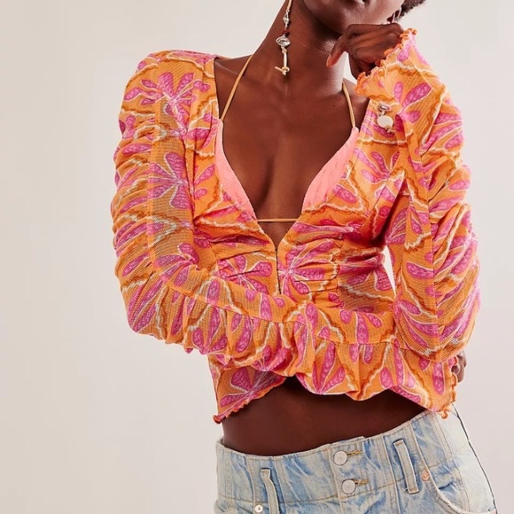 Free People Pink and Orange Through The Meadow Floral Blouse Top
